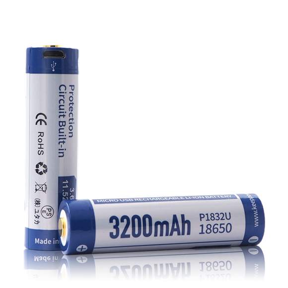 Accumulateur Li-Ion Keeppower P1832U 18650 3200mAh 3.7V - 2.5C Décharge max - Protégé - micro USB - Neuf