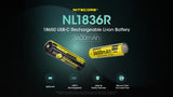 Accumulateur li-Ion Nitecore NL1836R 18650 3600mAh 3.6V - 6A Décharge max - USB C - Protégé - Neuf