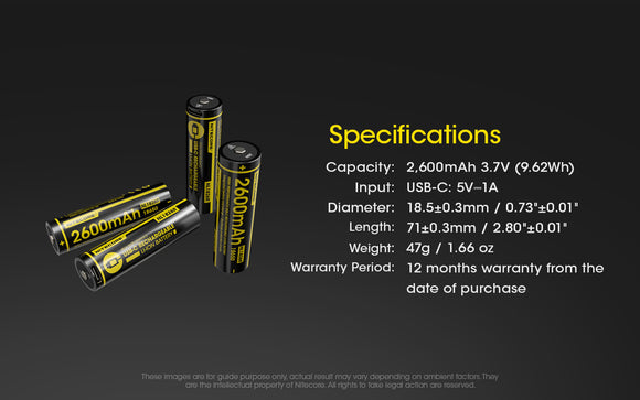 Accumulateur Li-Ion Nitecore NL1826R 18650 2600mAh 3.6V - 2C Décharge max - Protégé - micro-USB - Neuf