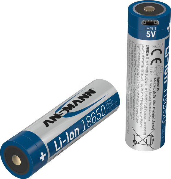 Accumulateur Li-Ion Ansmann ANS 1307-0002 18650 2600mAh 3.6V - 2C Décharge max - micro USB - Protégé - Neuf