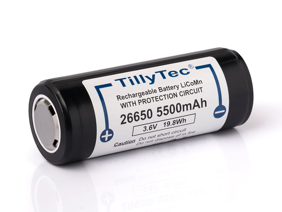 Accumulateur Li-Ion TillyTec 26650 5500mAh 3.6 - 2C Décharge max - Protégé - Neuf