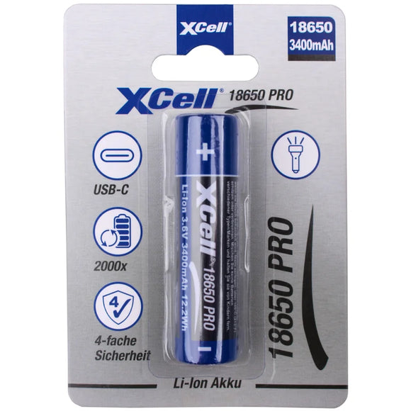 Accumulateur Li-Ion XCell 18650 Pro 18650 3400mAh 3.6V - 1.5C Décharge max - USB-C - Protégé - Neuf